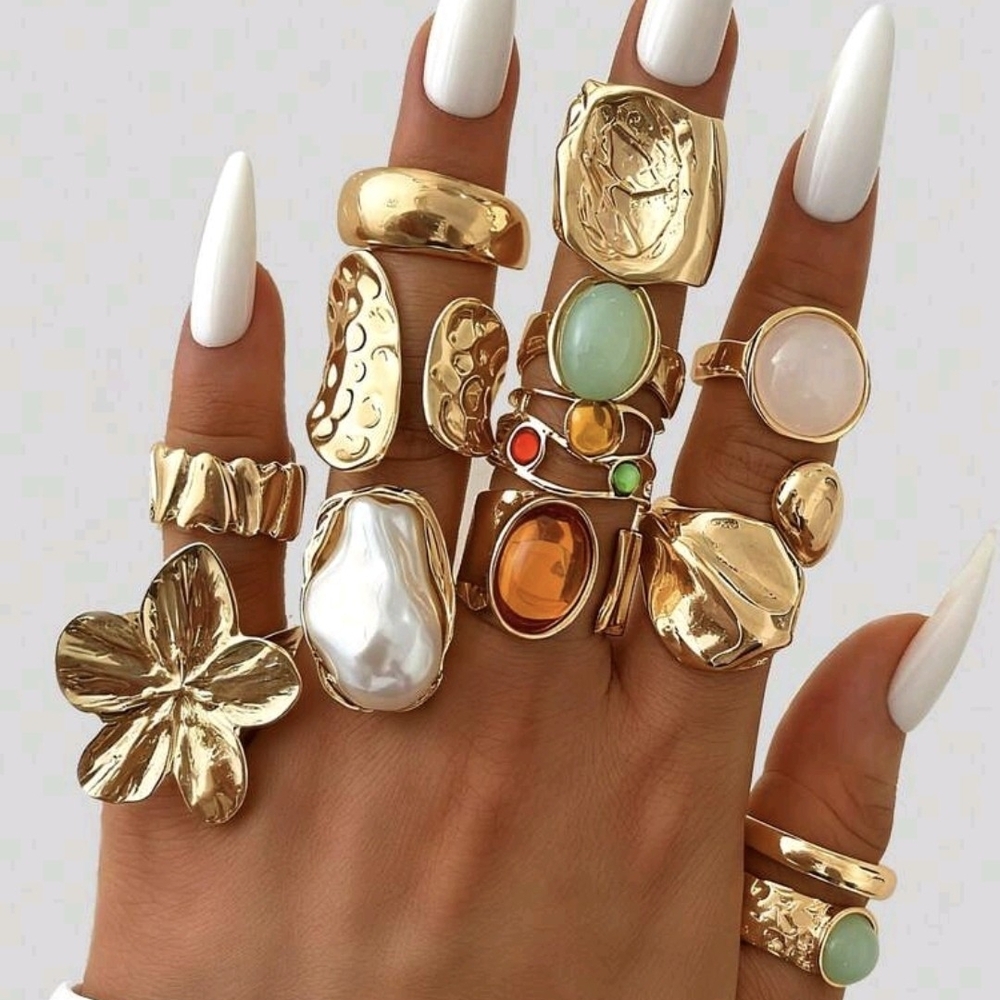 Gold Multi-Stone Stackable Rings Set - Women Jewelry